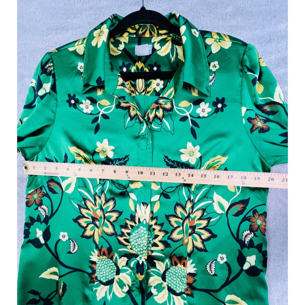 Chicos Size 2 US 12 Green Floral Satin Maxi Shirt Dress Long Sleeve Button Front - Picture 4 of 10